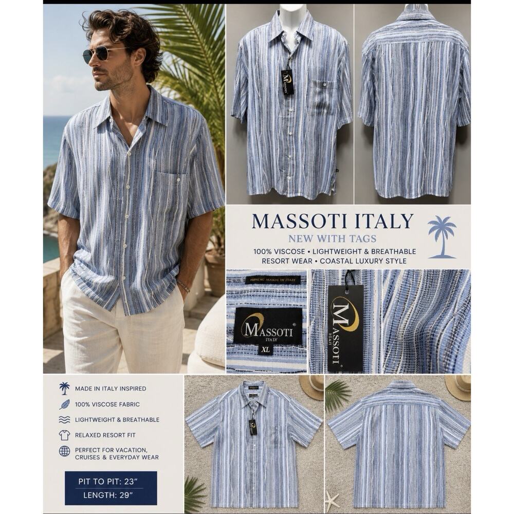 Massoti Italy Men’s XL NWT Blue Striped Viscose Button Front Resort Shirt Casual